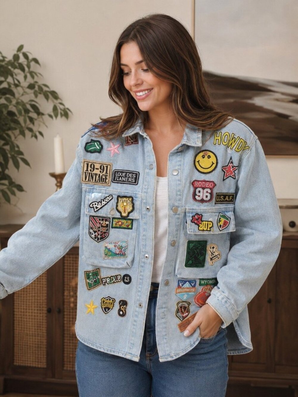 NIKKI LUND Thora Patch Embellished Rodeo Arena Denim Blue Jacket L